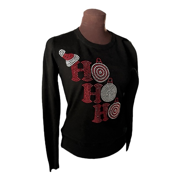 Vila Milano Black Rhinestone HO HO HO Lightweight Sweater, Womens size Medium - Picture 10 of 12